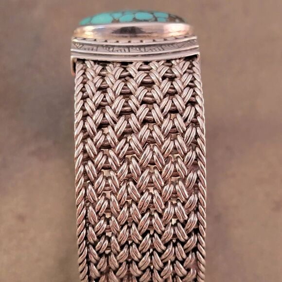 Sterling Heavy Turquoise Wide Woven Chain Toggle Bracelet - Picture 8 of 12